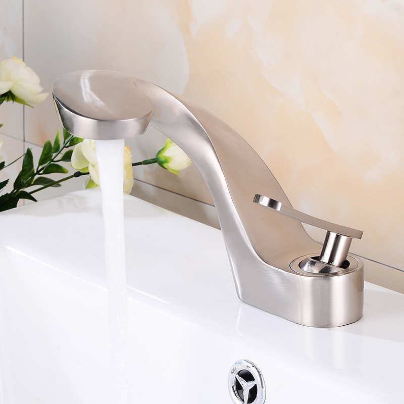 Modern Creative Handle Single Hole Solid Brass Bathroom Sink Faucet In Brushed Nickel Homary