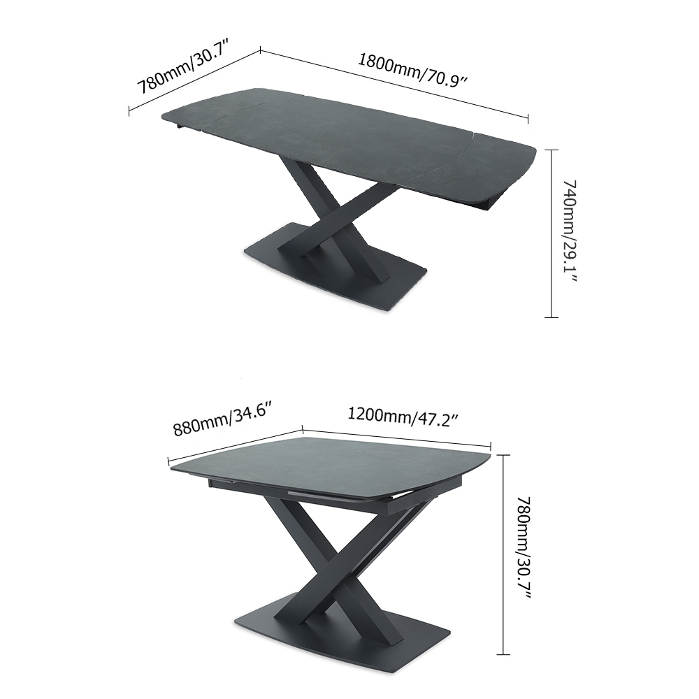 Moderner, erweiterbarer Esstisch aus grauem Stein mit Blatttropfen und Gestell für 4—6 Personen