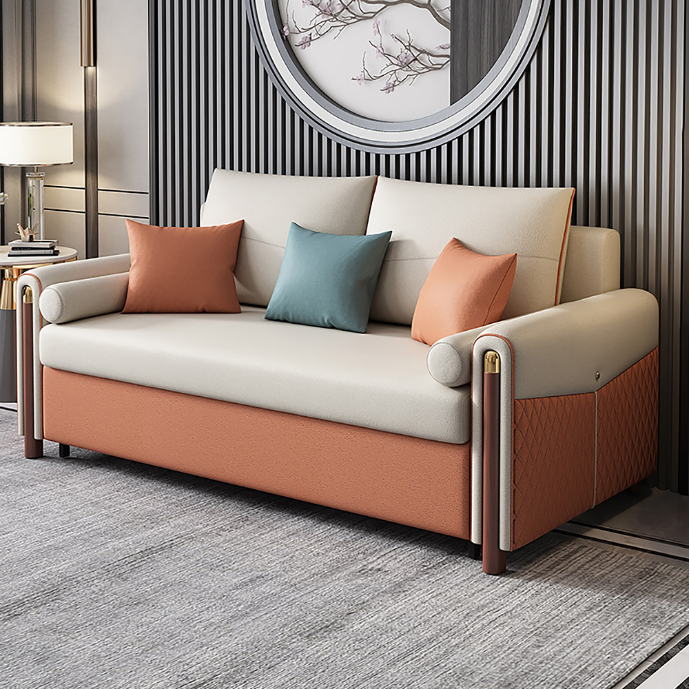 Image of 59" White & Orange Sleeper Sofa Convertible Sofa Leath-Aire Upholstery