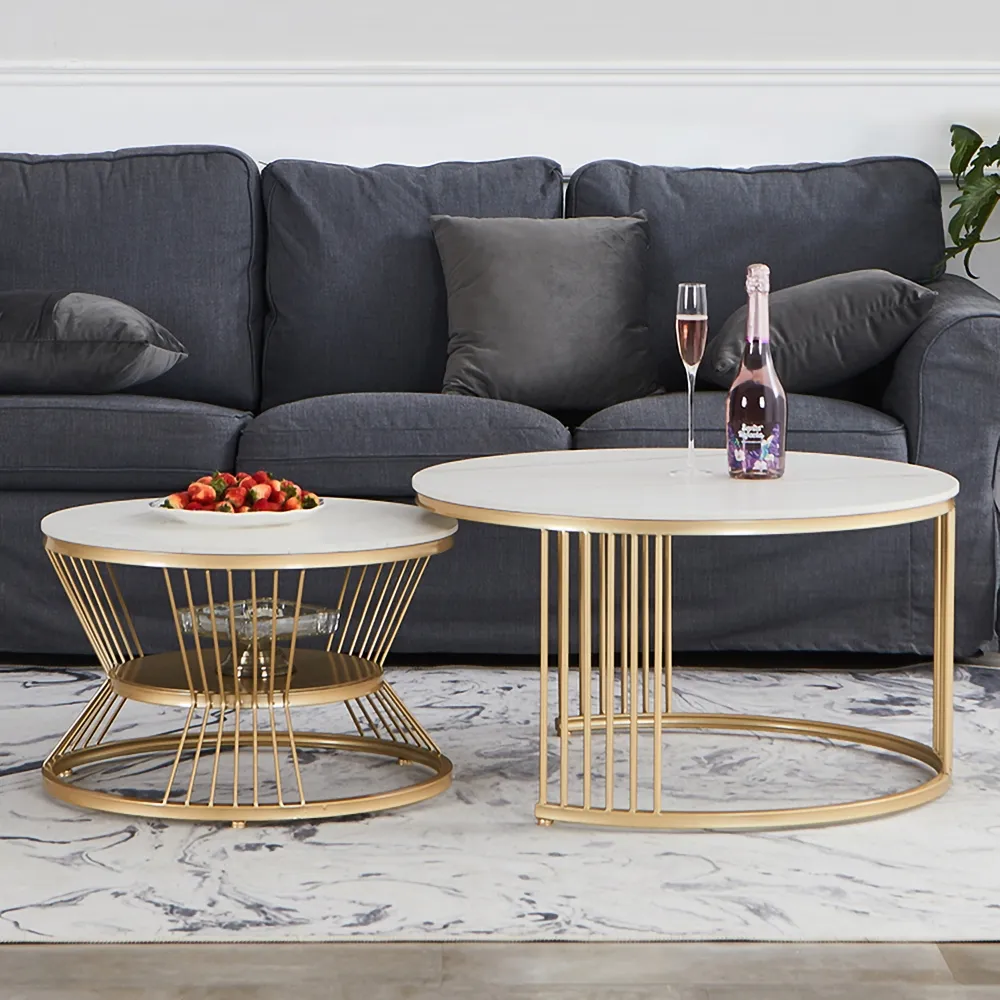 Modern White Nesting Coffee Table Set with Stone Top 2-Piece Table