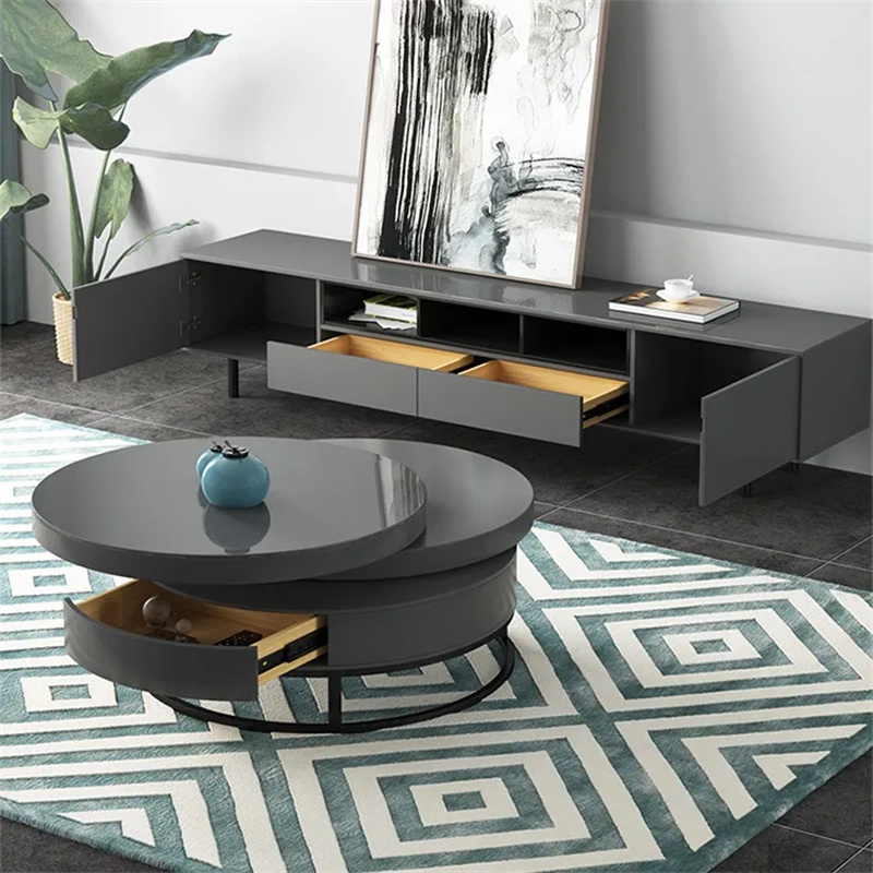 Gray Round Wood Swivel Modern Coffee Table with Storage