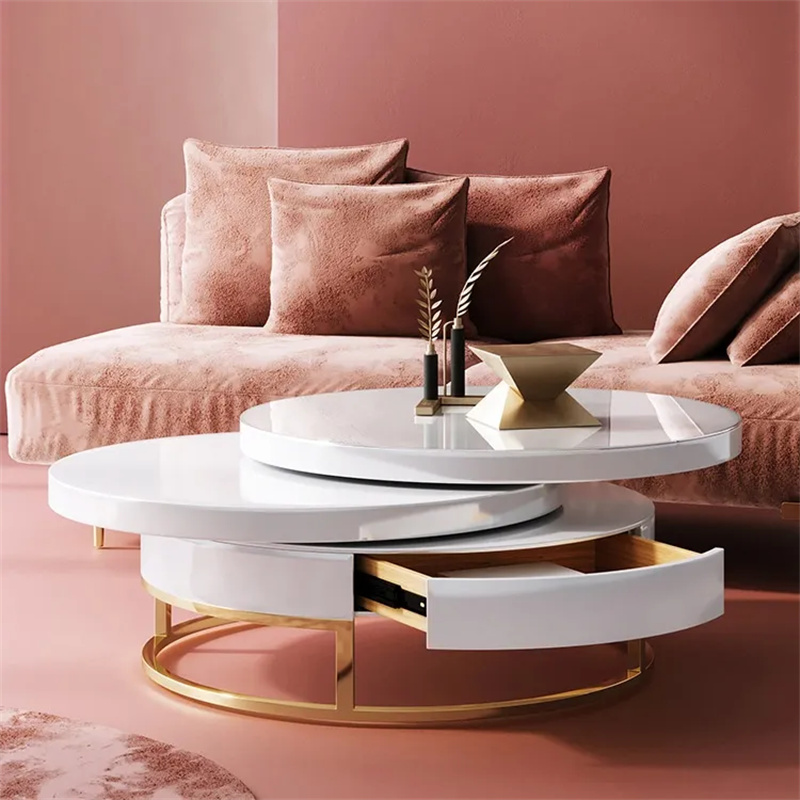 White Round Modern Wood Swivel Coffee Table with Storage in Gold