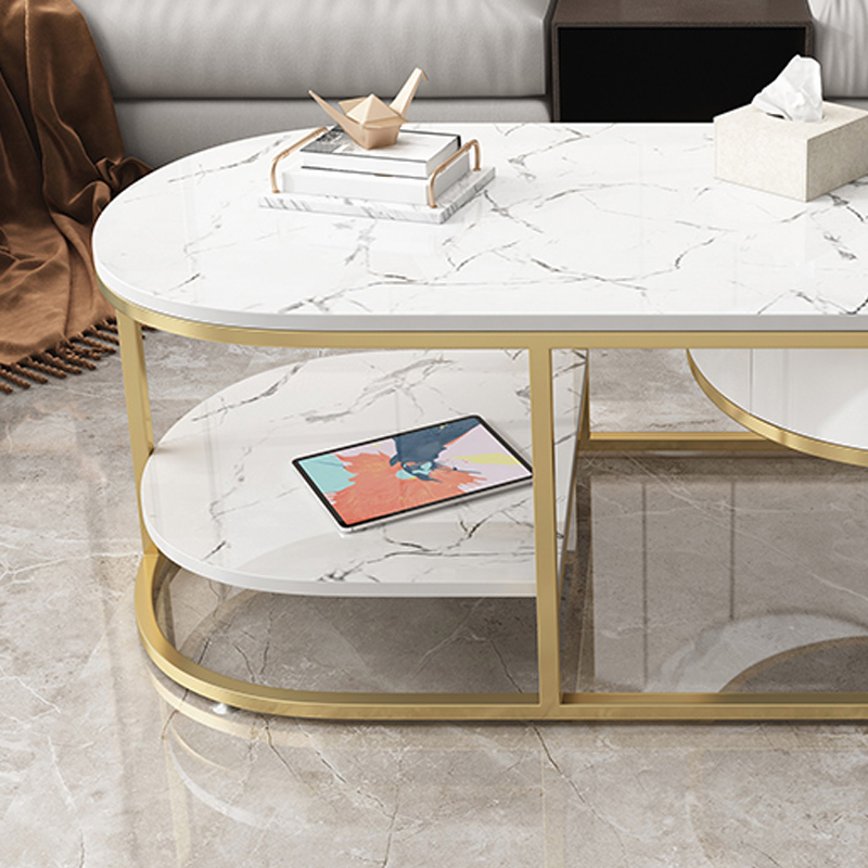 Modern Marble Coffee Table with Drawers & Shelf in White