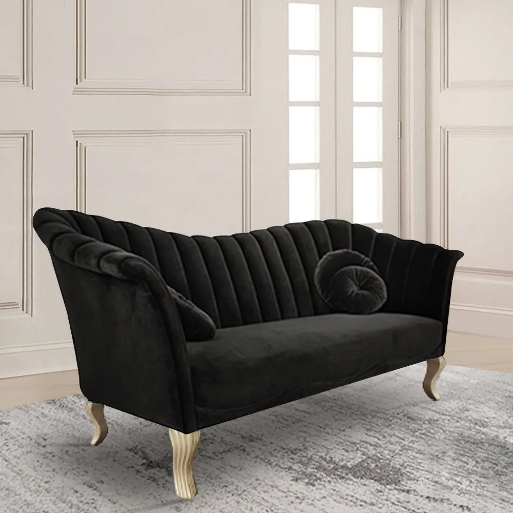 

86.6" Black Velvet Upholstered Sofa Channel Tufted 3-Seater Sofa in Gold