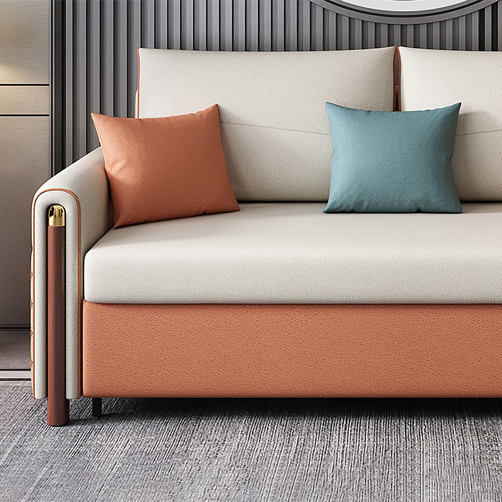 Sofa mit Kingsize-Bett, gepolstert, ausziehbares Sofa, Weiß/Orange, Leder-Aire