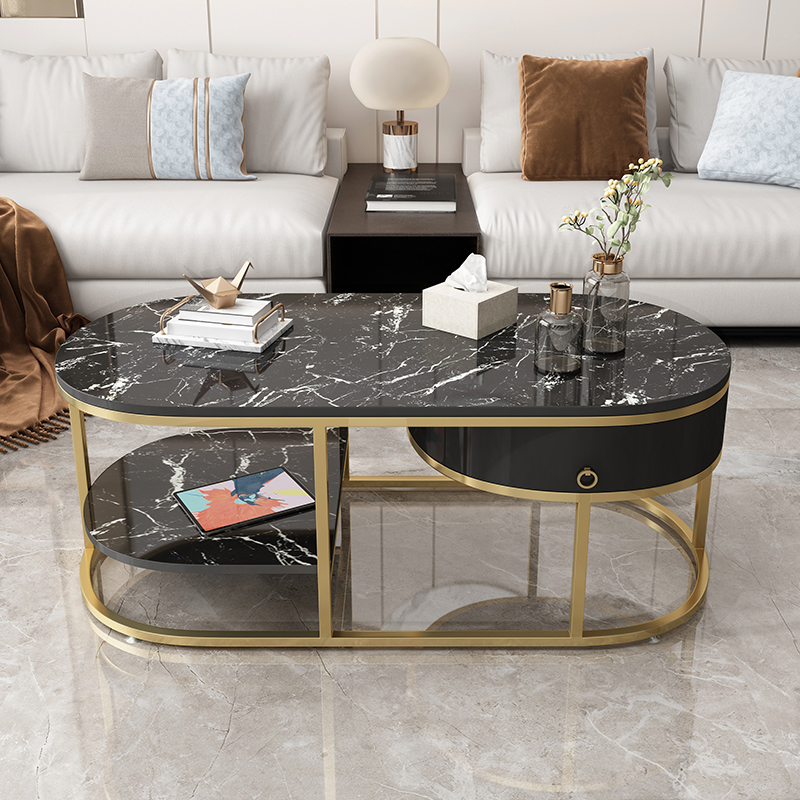 Modern Marble Coffee Table with Drawers & Shelf in Black