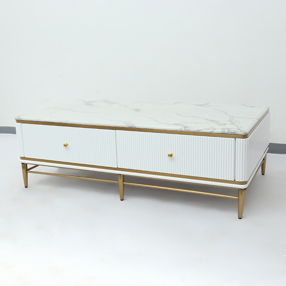 Bline 1300mm White Faux Marble Rectangle Coffee Table in Gold with