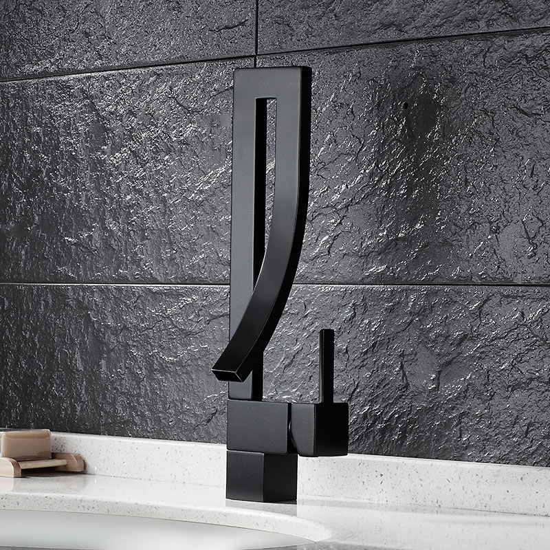 Modern Design Single Handle 1-Hole Black Bathroom Sink Faucet with Waterfall Spout Brass