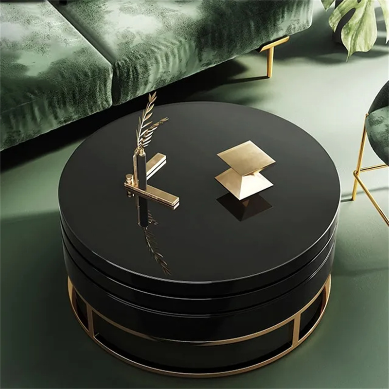 Black Round Modern Swivel Coffee Table with Storage Gold Steel Base