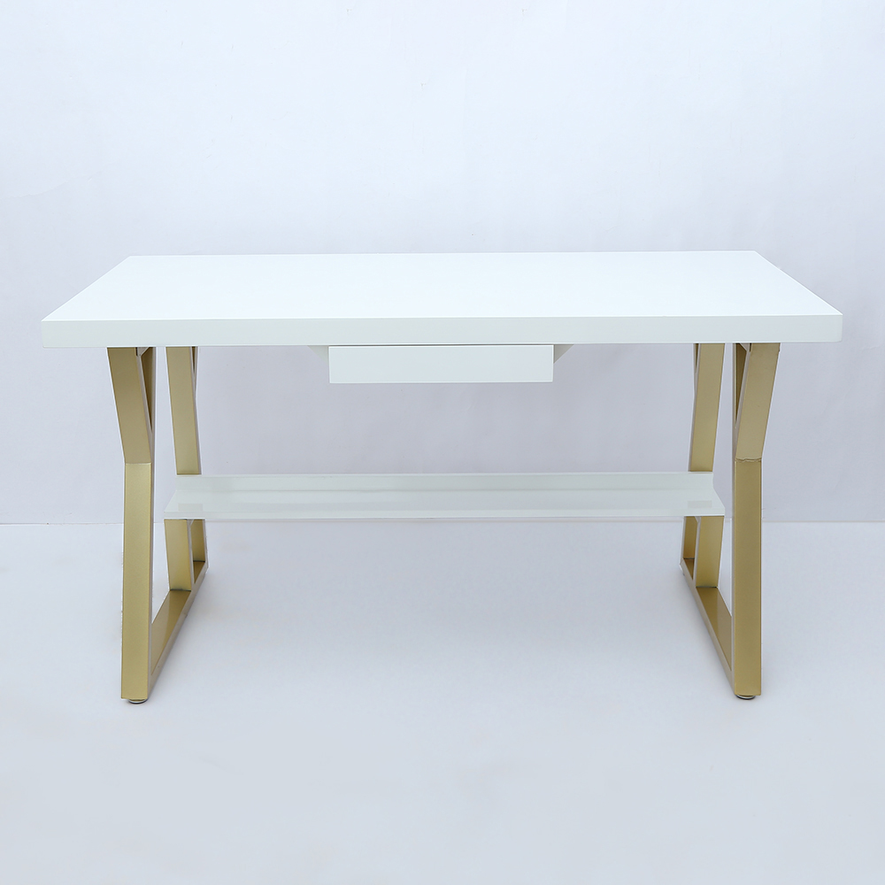 1200mm rechteckiger weißer Computertisch mit Schublade und Ablage, goldfarbenes Bein