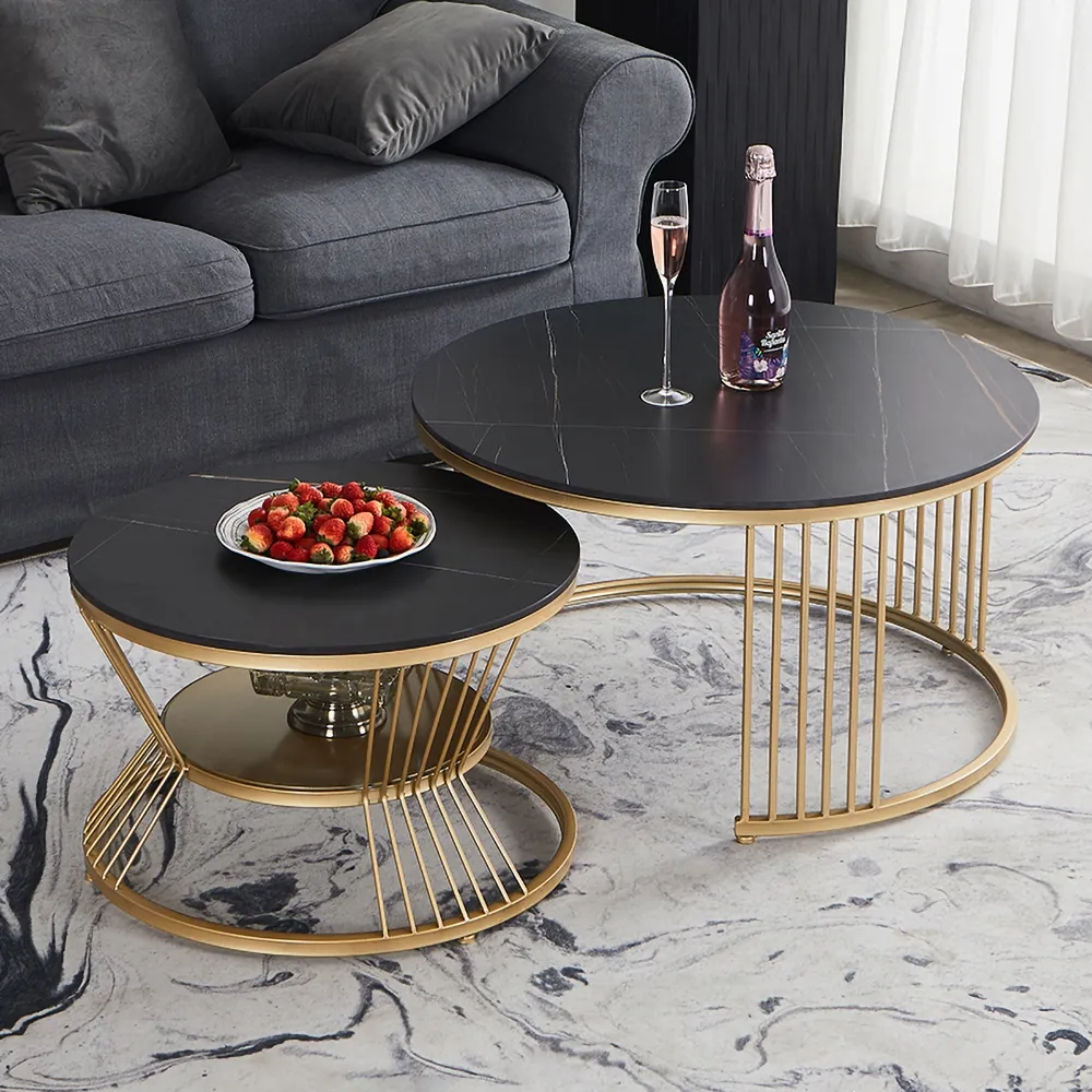 Modern Black Nesting Coffee Table Set with Stone Top 2-Piece Table