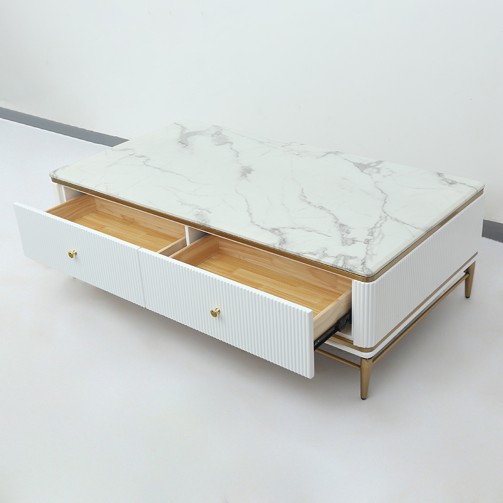 Bline 1300mm White Faux Marble Rectangle Coffee Table in Gold with