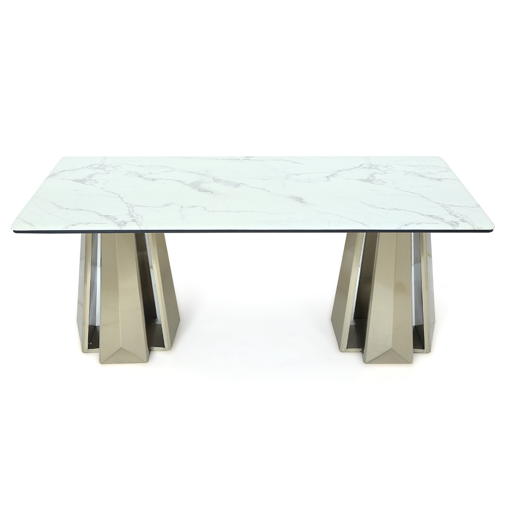 1800mm White Modern Dining Table with Geometric Double Base in Gold Finish