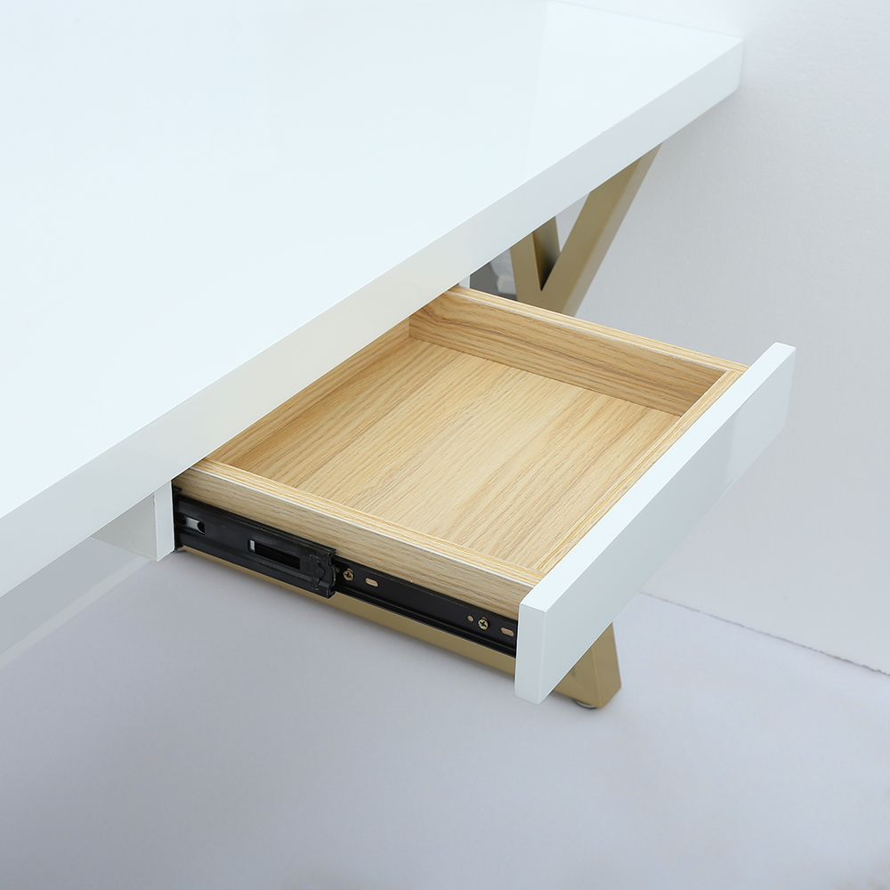 47" Rectangular White Computer Desk with Drawer and Shelf Gold Leg