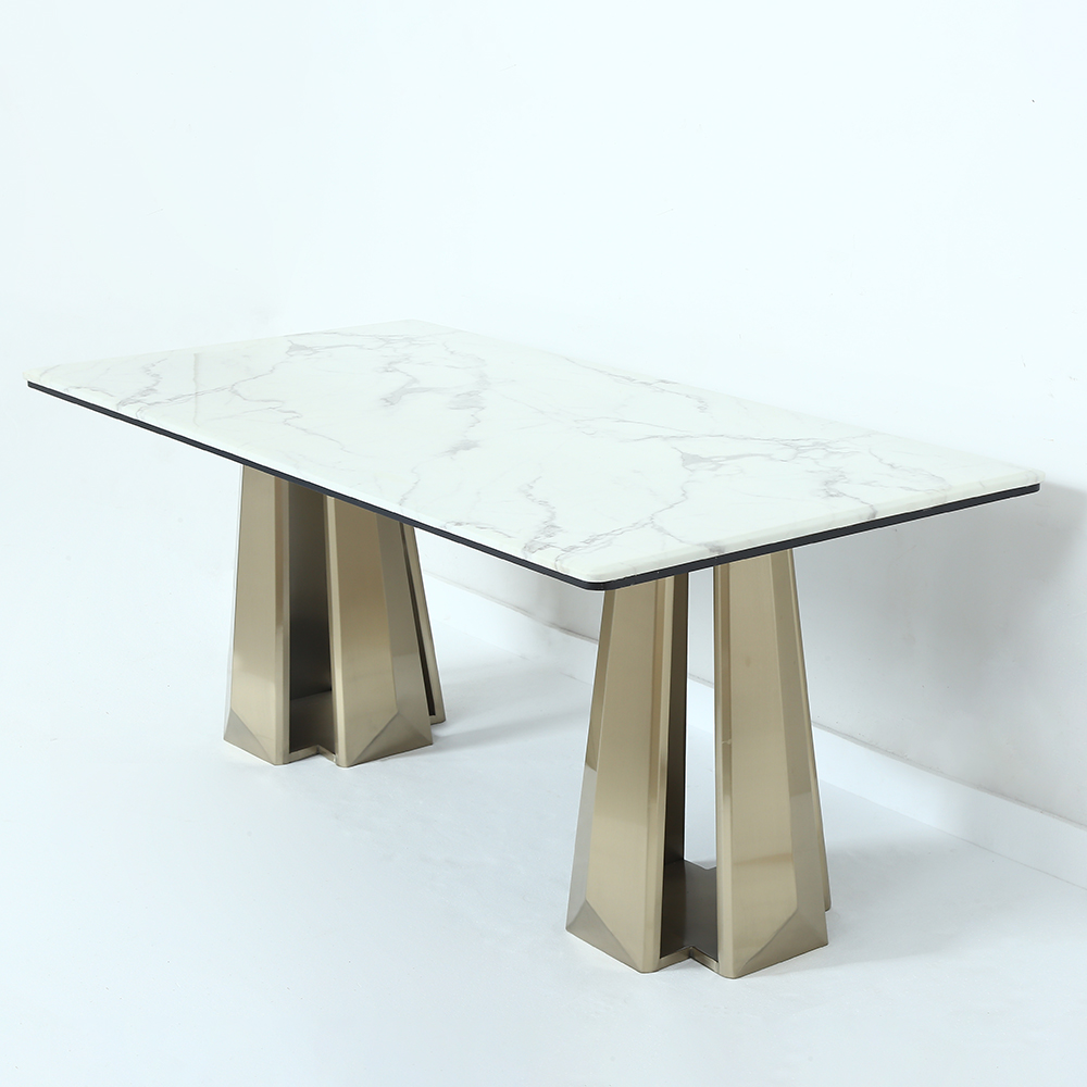 1800mm White Modern Dining Table with Geometric Double Base in Gold Finish