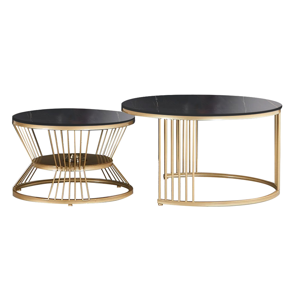 Modern Black Nesting Coffee Table Set with Stone Top 2-Piece Table
