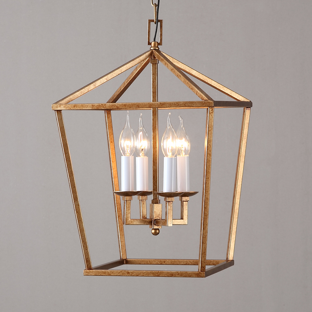 Vintage Geometric Cage Frame 4 Candle Light Kitchen Foyer Pendant Light in Brass