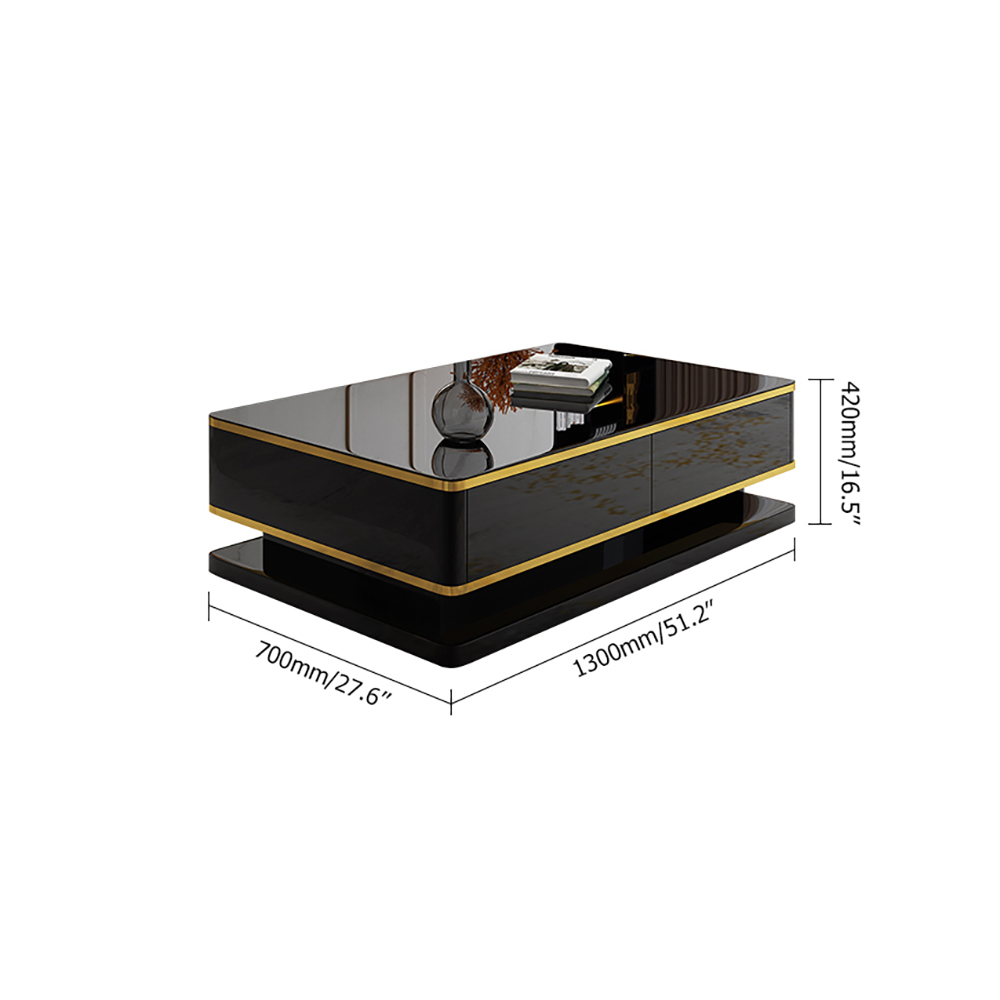 51" Black Rectangular Coffee Table with Storage 4 Drawers Tempered Glass Top