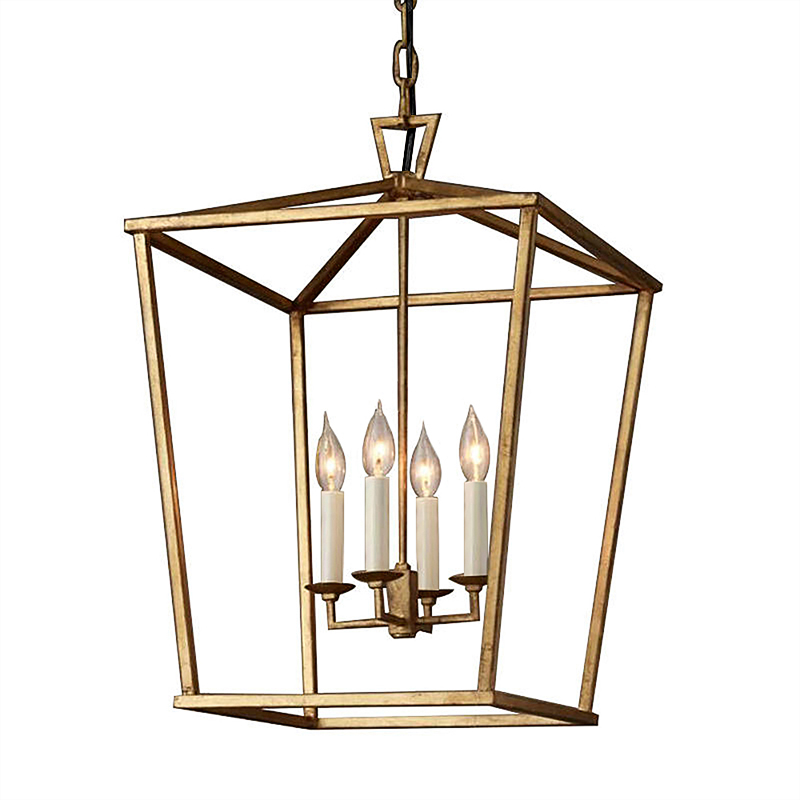 Vintage Geometric Cage Frame 4 Candle Light Kitchen Foyer Pendant Light in Brass