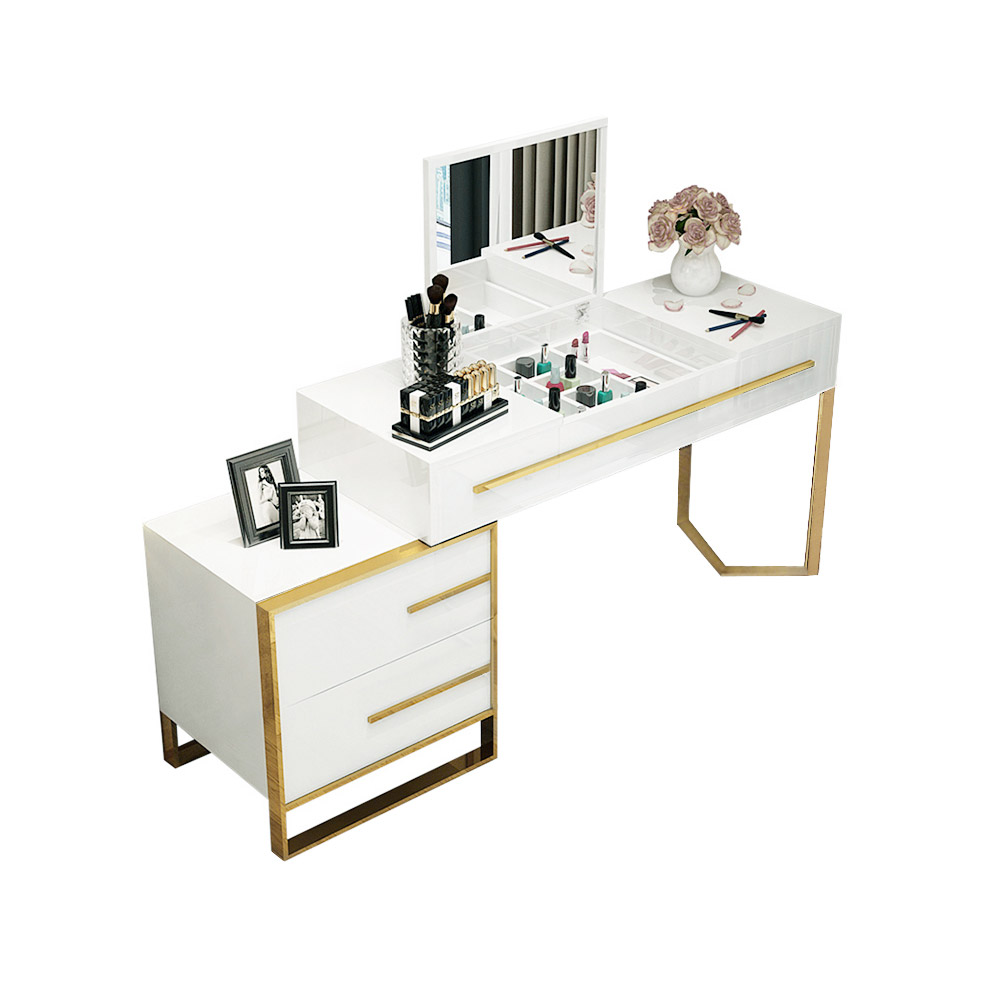 White Makeup Vanity with Flip Top Mirror & Side Cabinet and Drawers Golden Legs