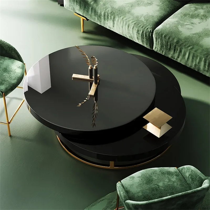 Black Round Modern Swivel Coffee Table with Storage Gold Steel Base