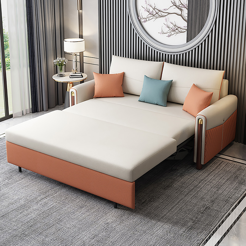 Full Sleeper Sofa Upholstered Convertible Sofa White & Orange Leath-Aire