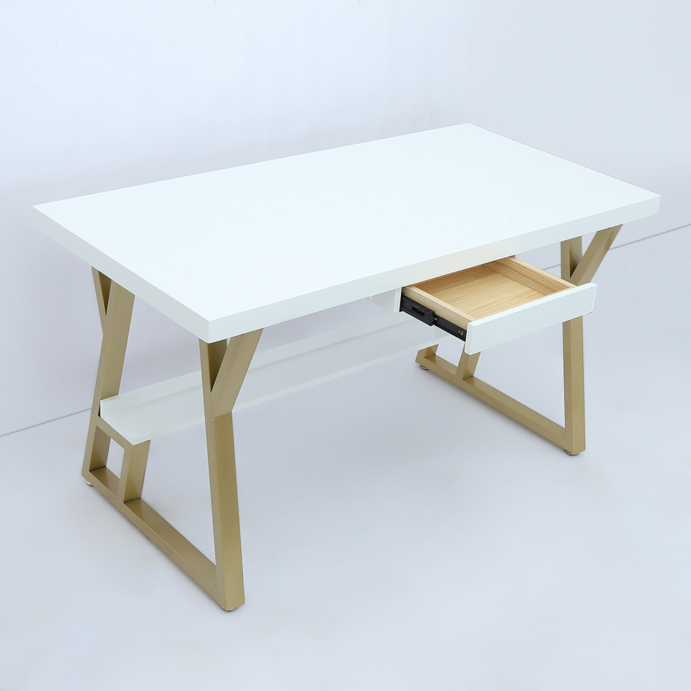 1200mm rechteckiger weißer Computertisch mit Schublade und Ablage, goldfarbenes Bein