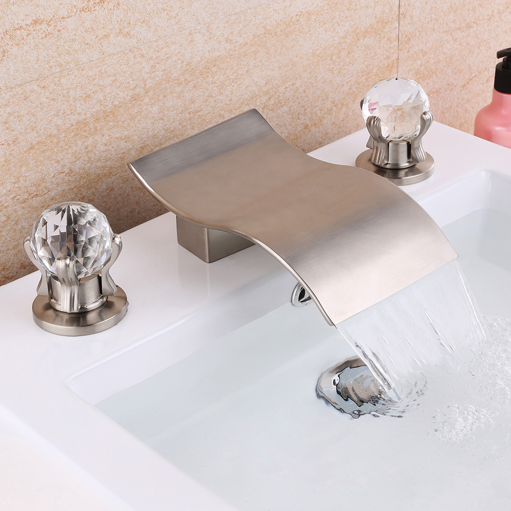Deck Mount Widespread Waterfall 2 Crystal Handle Bathroom Sink Faucet in Brushed Nickel