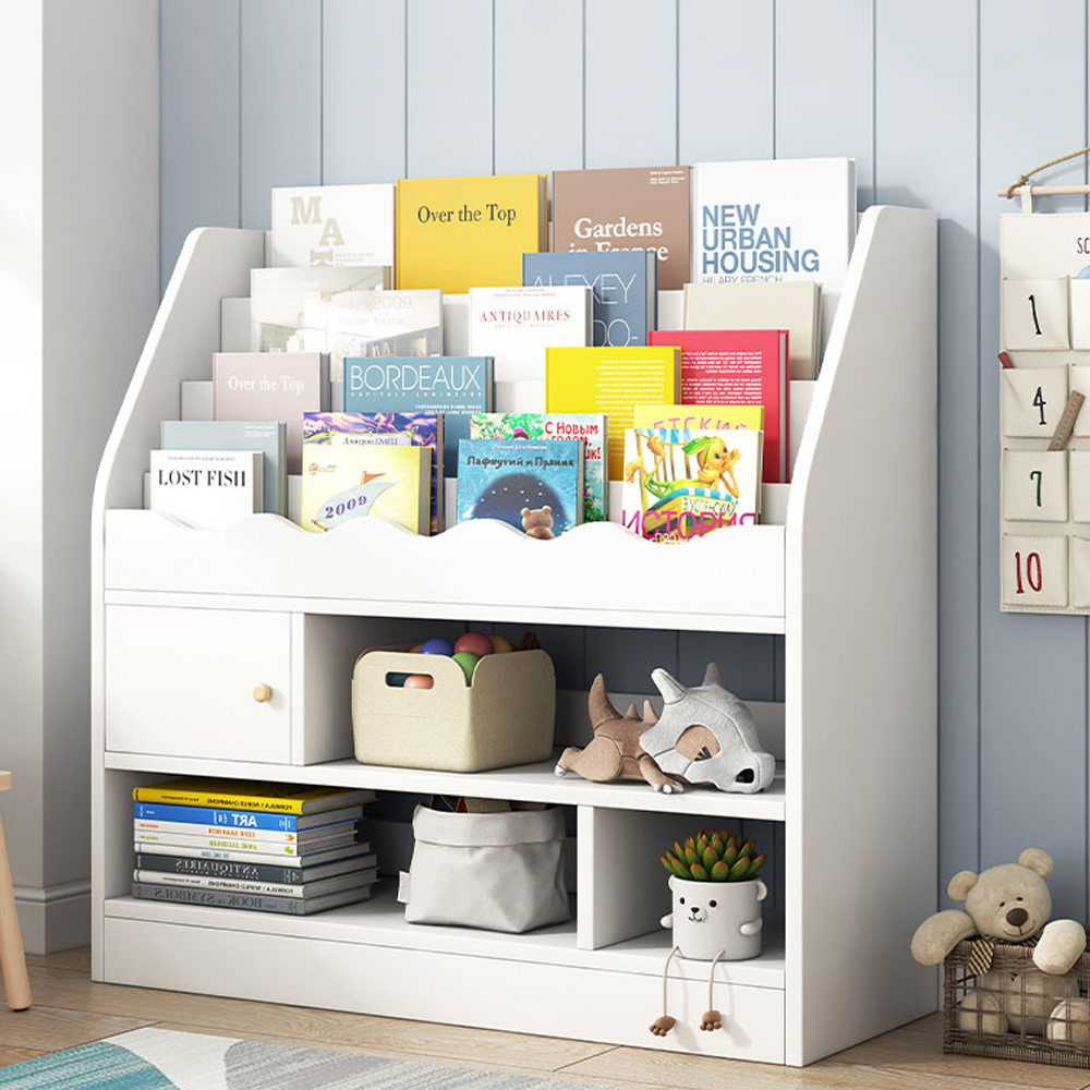 Image of Modern White Kids Bookshelf Toy Storage Shelf in Manufacture Finish
