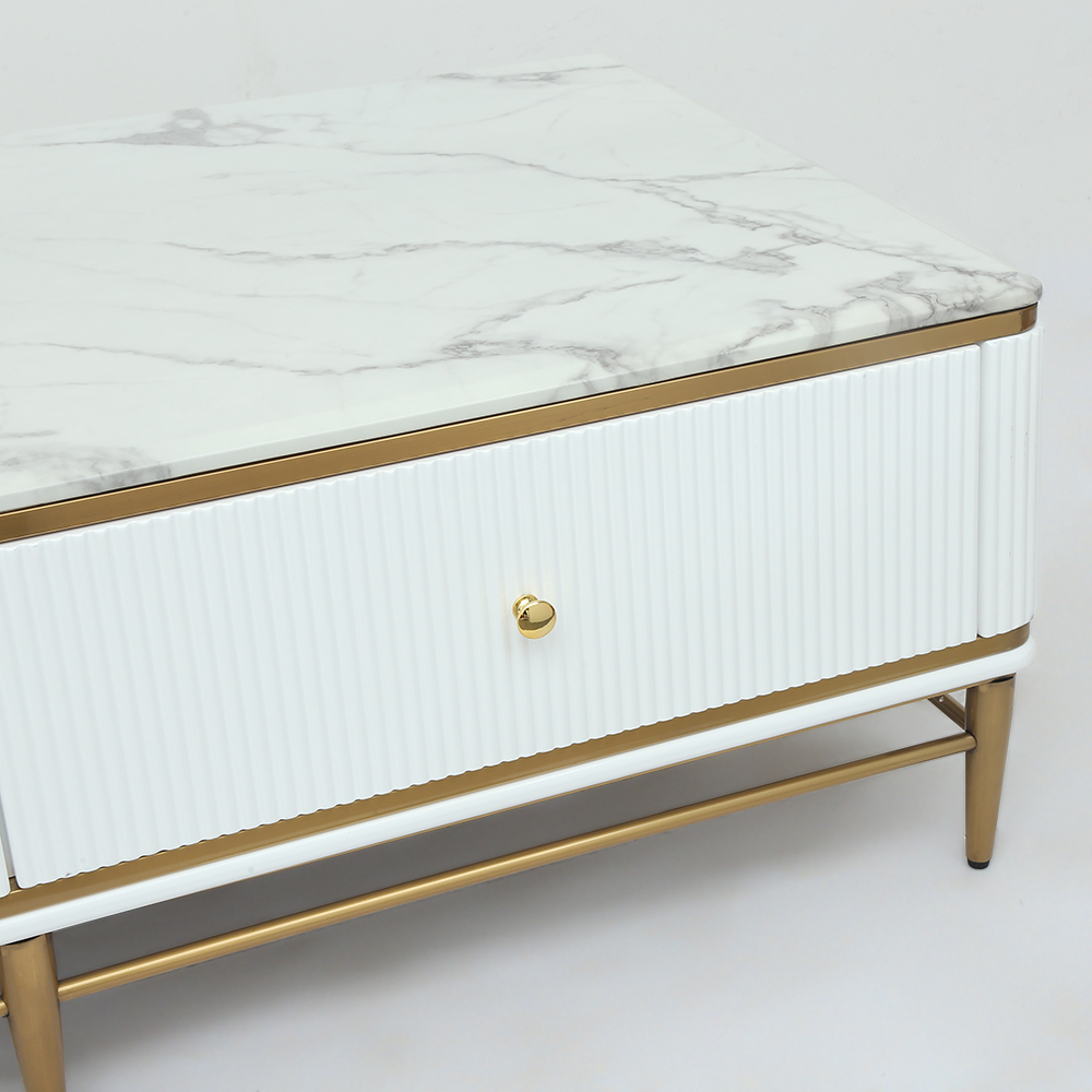 1300mm White Faux Marble Rectangle Coffee Table in Gold with Storage 4 Drawers