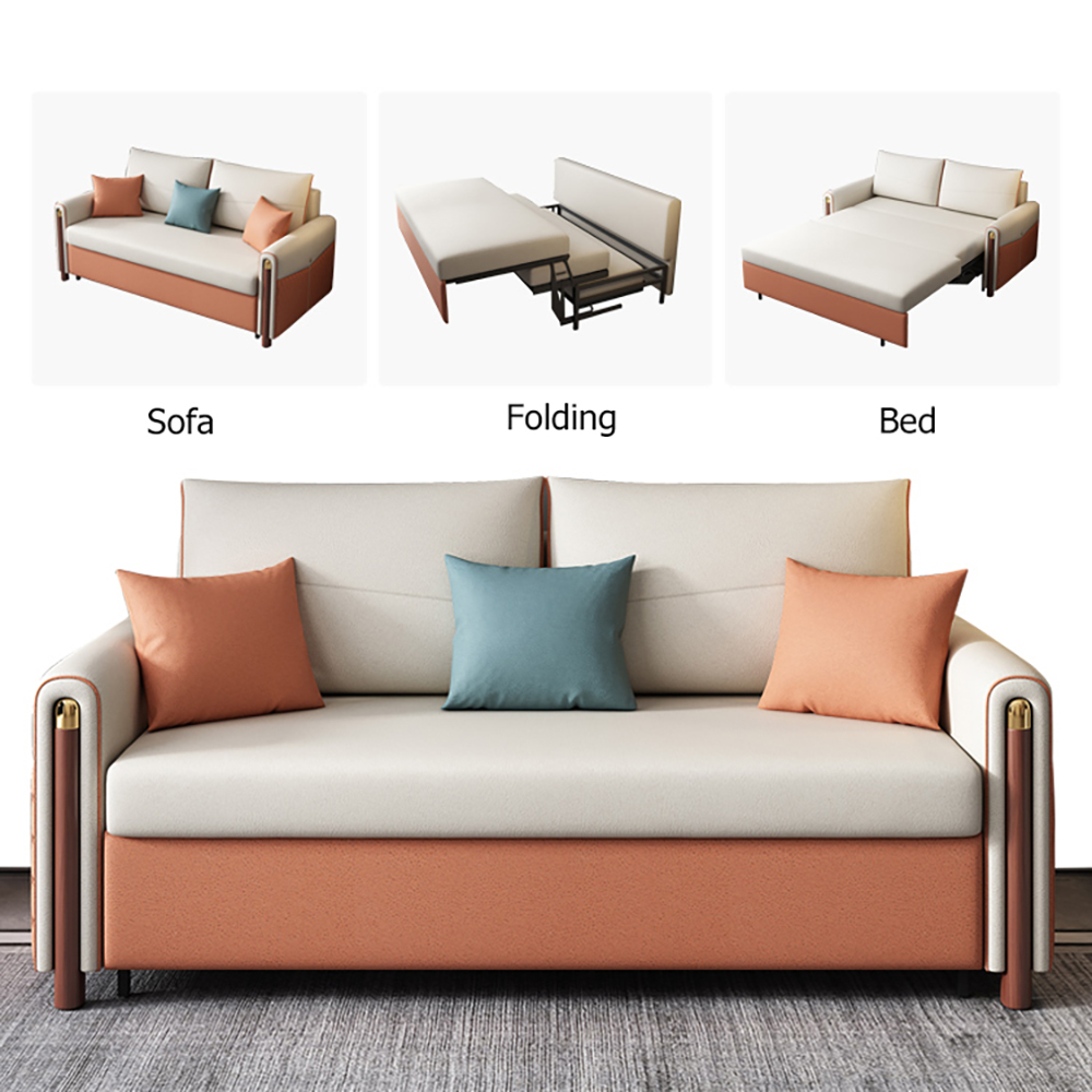 King Sleeper Sofa Upholstered Convertible Sofa White & Orange Leath-Aire