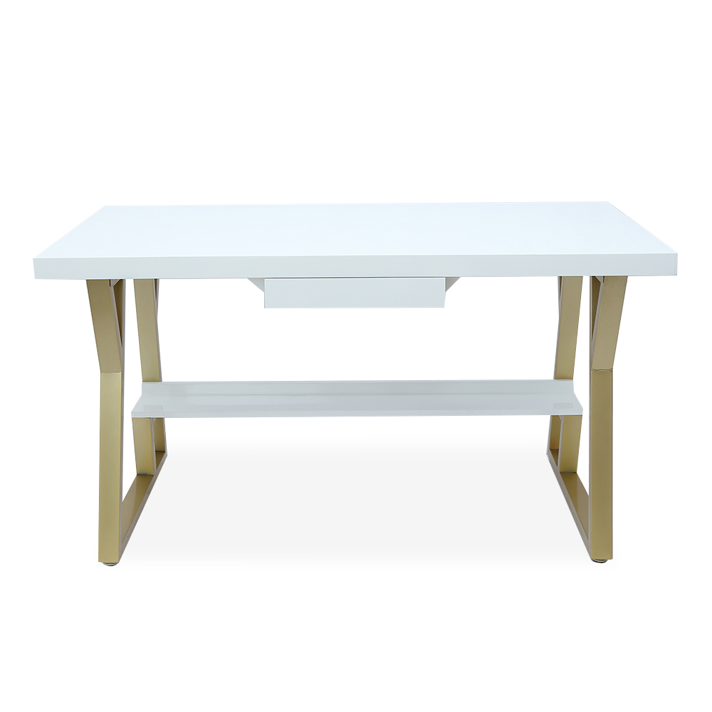 1400mm rechteckiger weißer Computertisch mit Schublade und Regal, goldfarbenes Bein