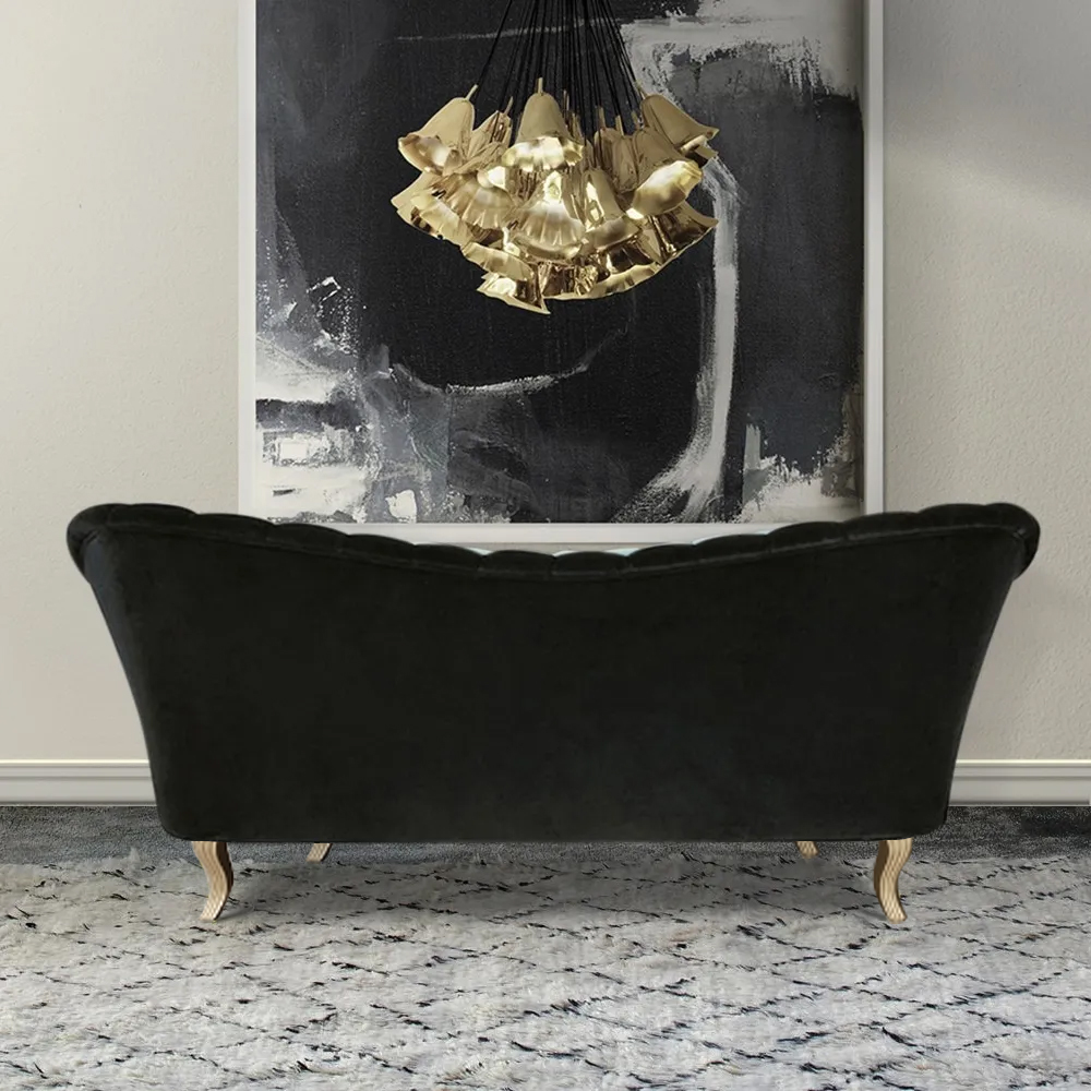 86.6" Black Velvet Upholstered Sofa Channel Tufted 3-Seater Sofa in Gold