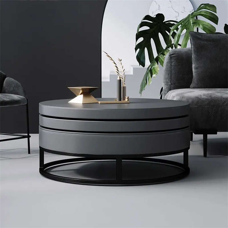 Table basse moderne pivotante en bois gris avec rangement