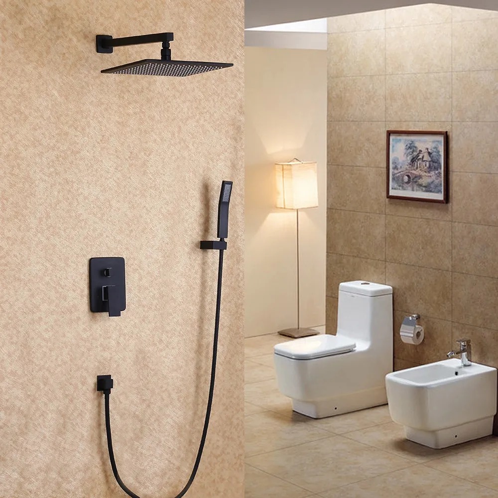 Dree Modern Matte Black Wall Mounted 10" Square Rain Shower & Handheld Shower Set Solid Brass