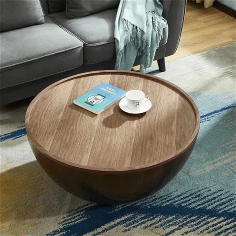 Round Drum Wood Coffee Table with Storage Walnut Bowl Shaped with Tray Style B