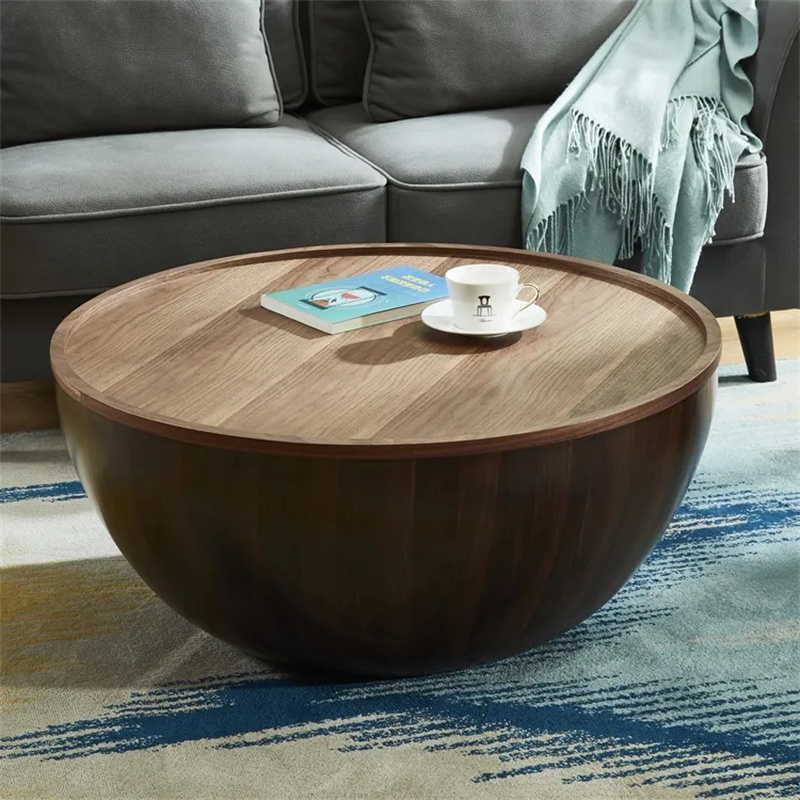 Round Drum Wood Coffee Table with Storage Walnut Bowl Shaped with Tray Style B