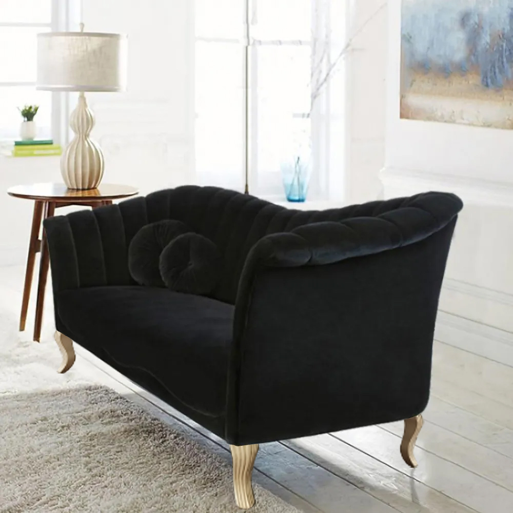 2200mm Black Velvet Upholstered Sofa Channel Tufted 3-Seater Sofa in Gold