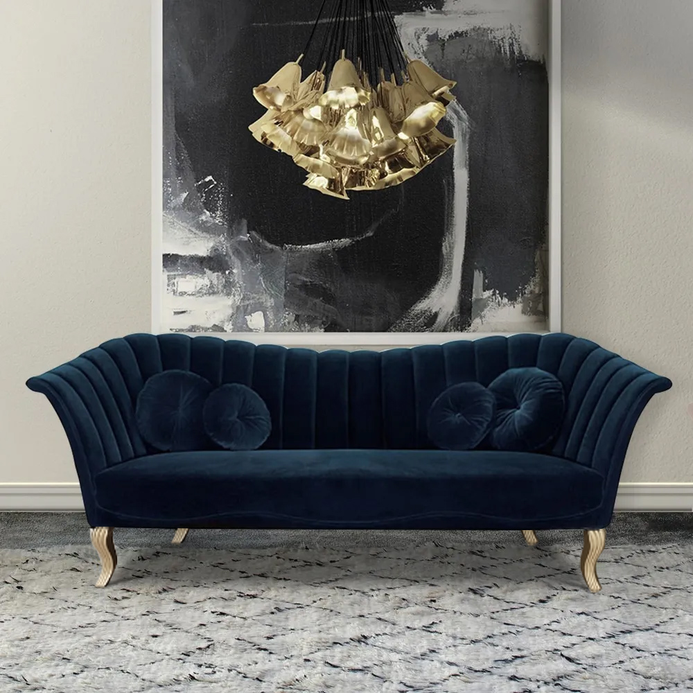 86.6" Blue Velvet Upholstered Sofa Channel Tufted 3-seater Sofa In Gold