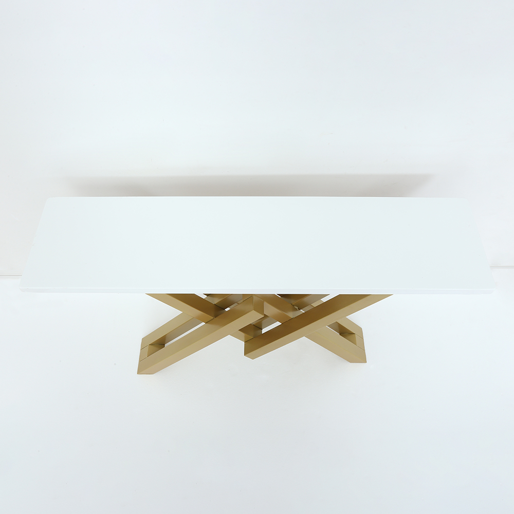 Table console étroite 1200 mm, blanc et or, pour couloir, base en métal X, grande