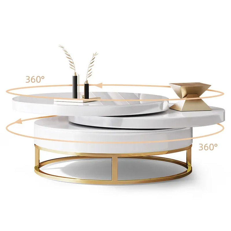 White Round Modern Wood Swivel Coffee Table with Storage Drawer in Gold