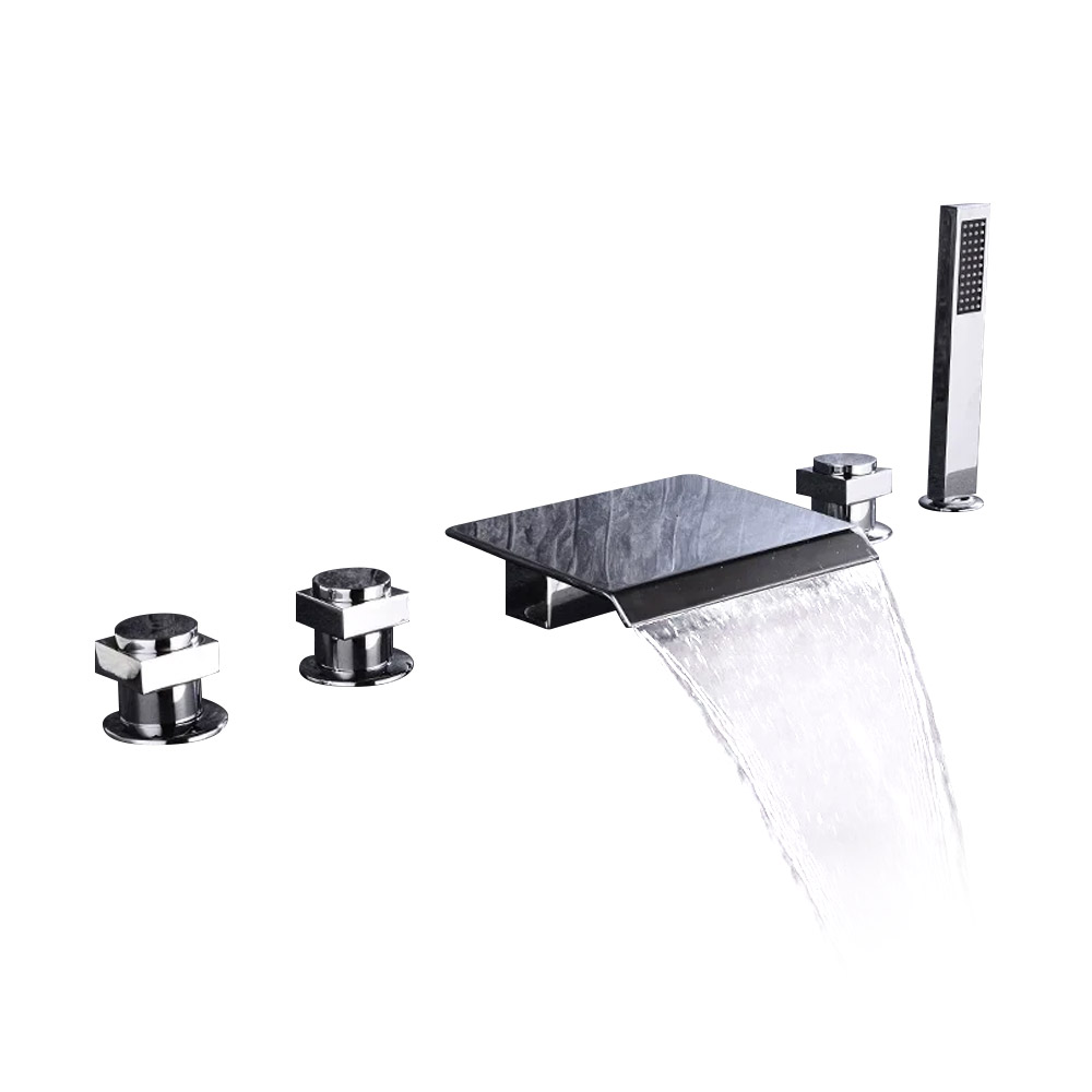 Contemporary Waterfall Deck-Mount 5-Hole Bath Tap with Handshower in Chrome