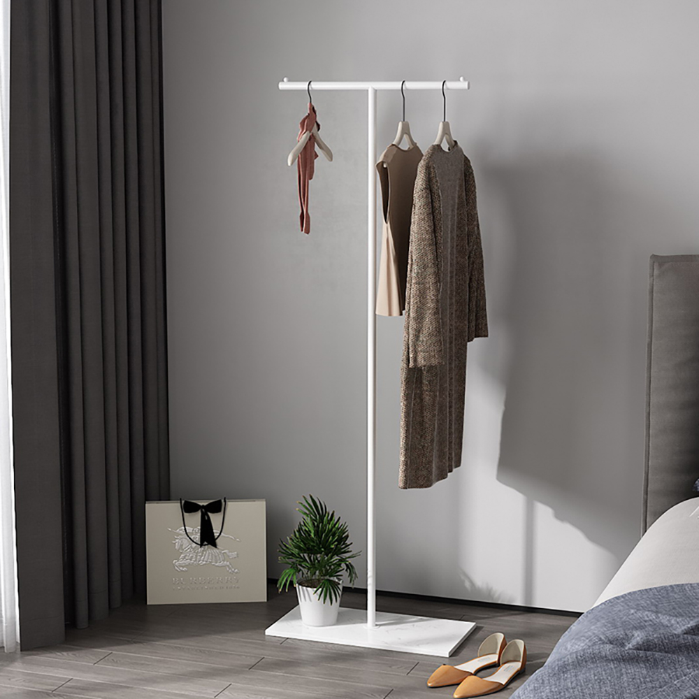 

66" Modern Rail T-shape Cloth Rack in White with Marble Base