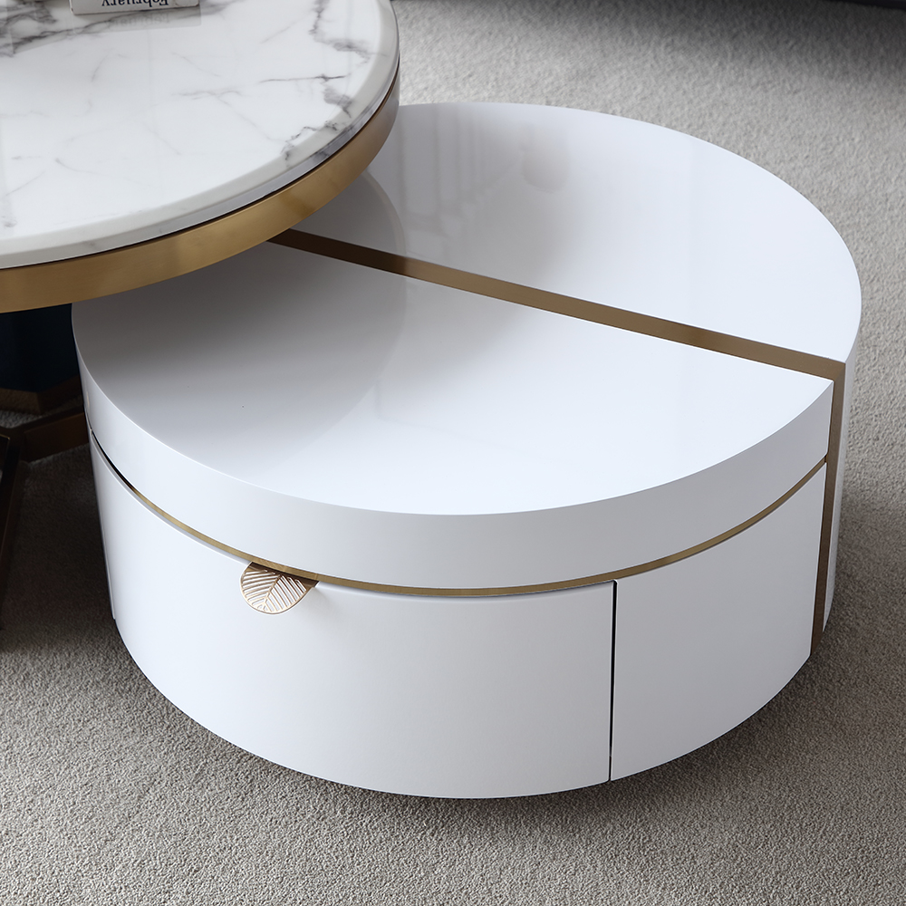 White Round Nesting Faux Marble Top Coffee Table with 1-Drawer and 2 Stools