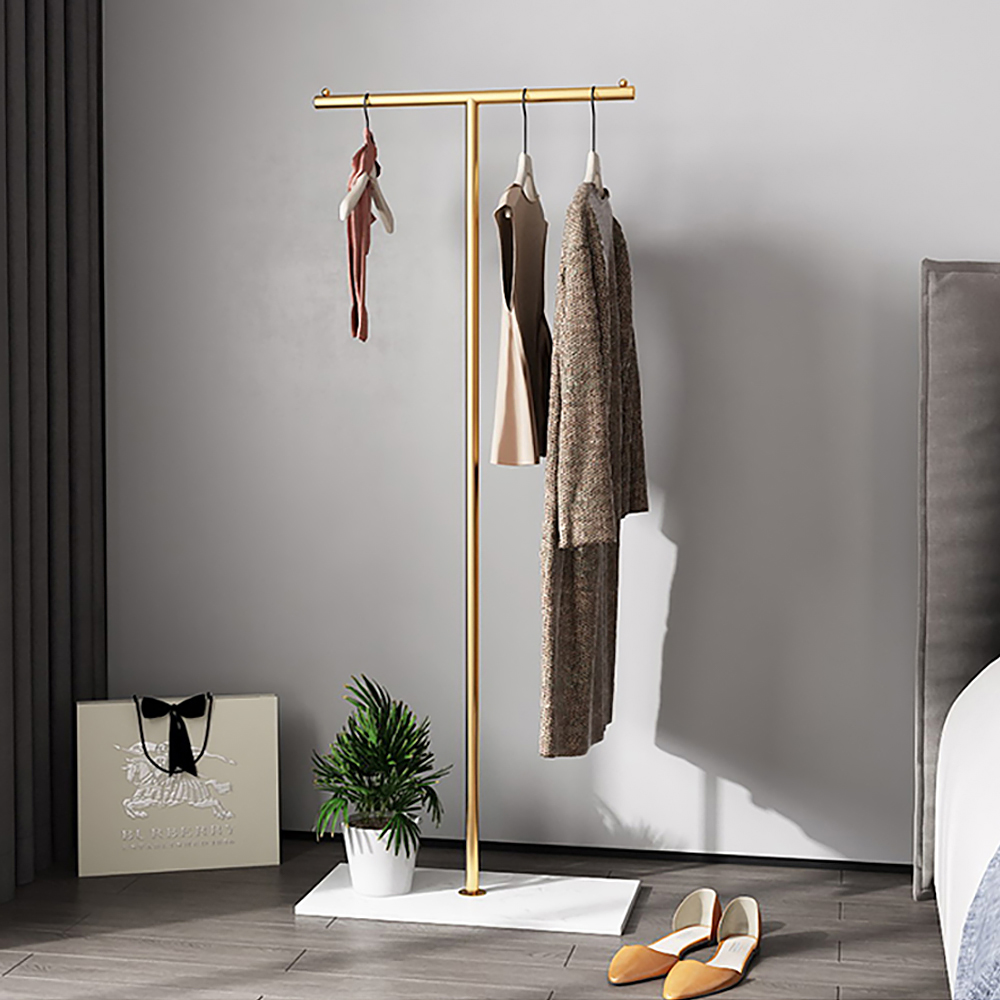 66" Modern Rail T-shape Cloth Rack In Gold With Marble Base