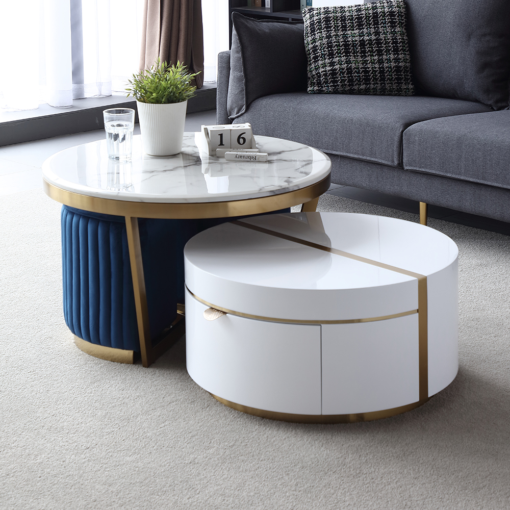 White Round Nesting Faux Marble Top Coffee Table with 1-Drawer and 2 Stools