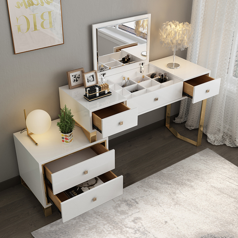 White Makeup Vanity with 4 Drawers Modern Dressing Table with Flip Top Mirror Extendable