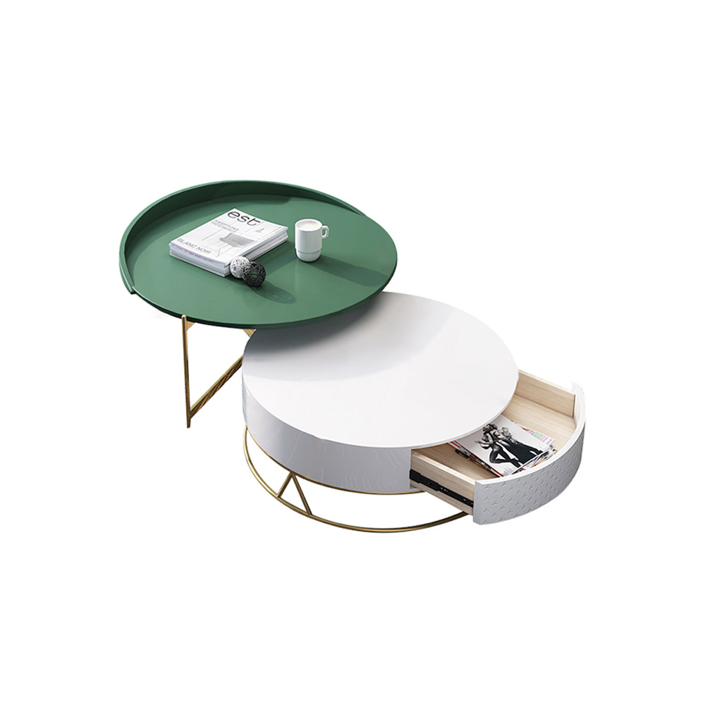 Round Nesting Coffee Table with Storage Rotatable Drawers Wood in White & Green