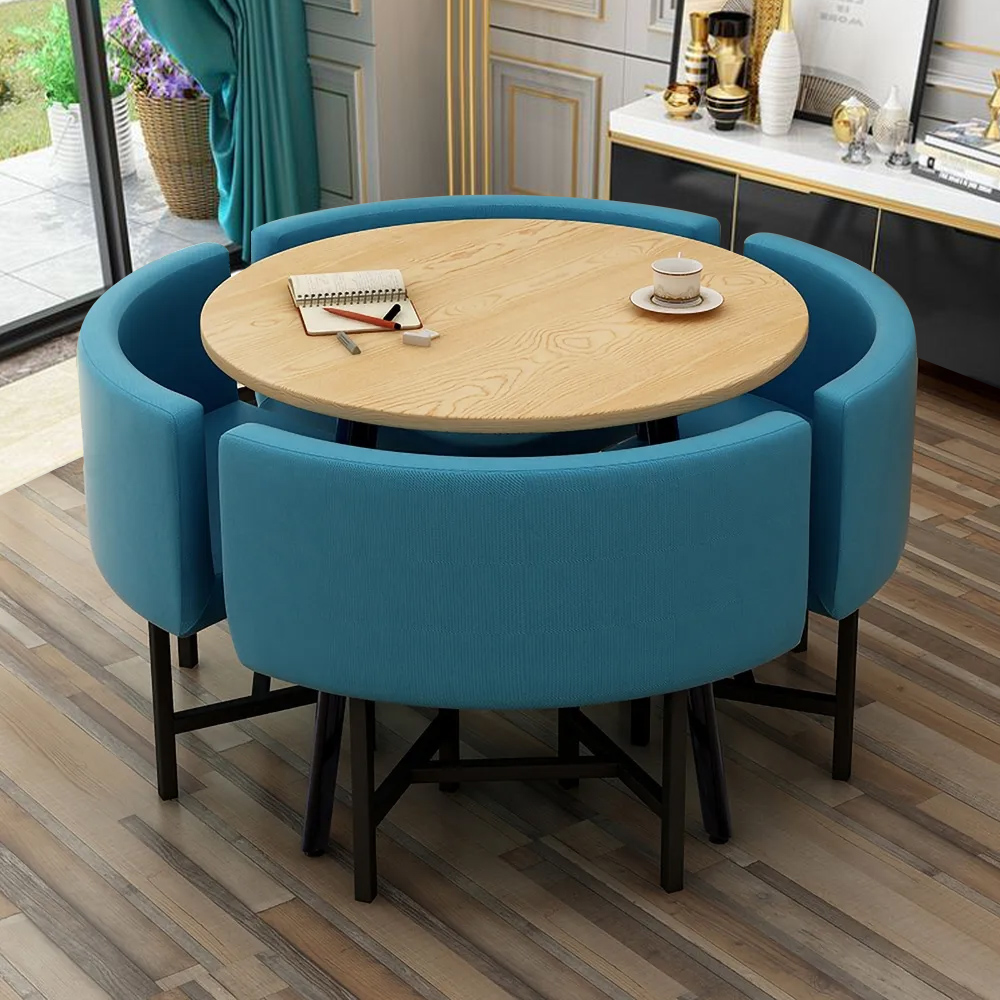 1000mm Round Wooden 4 Person Dining Table with Blue Upholstered Chairs Set for Nook Balc