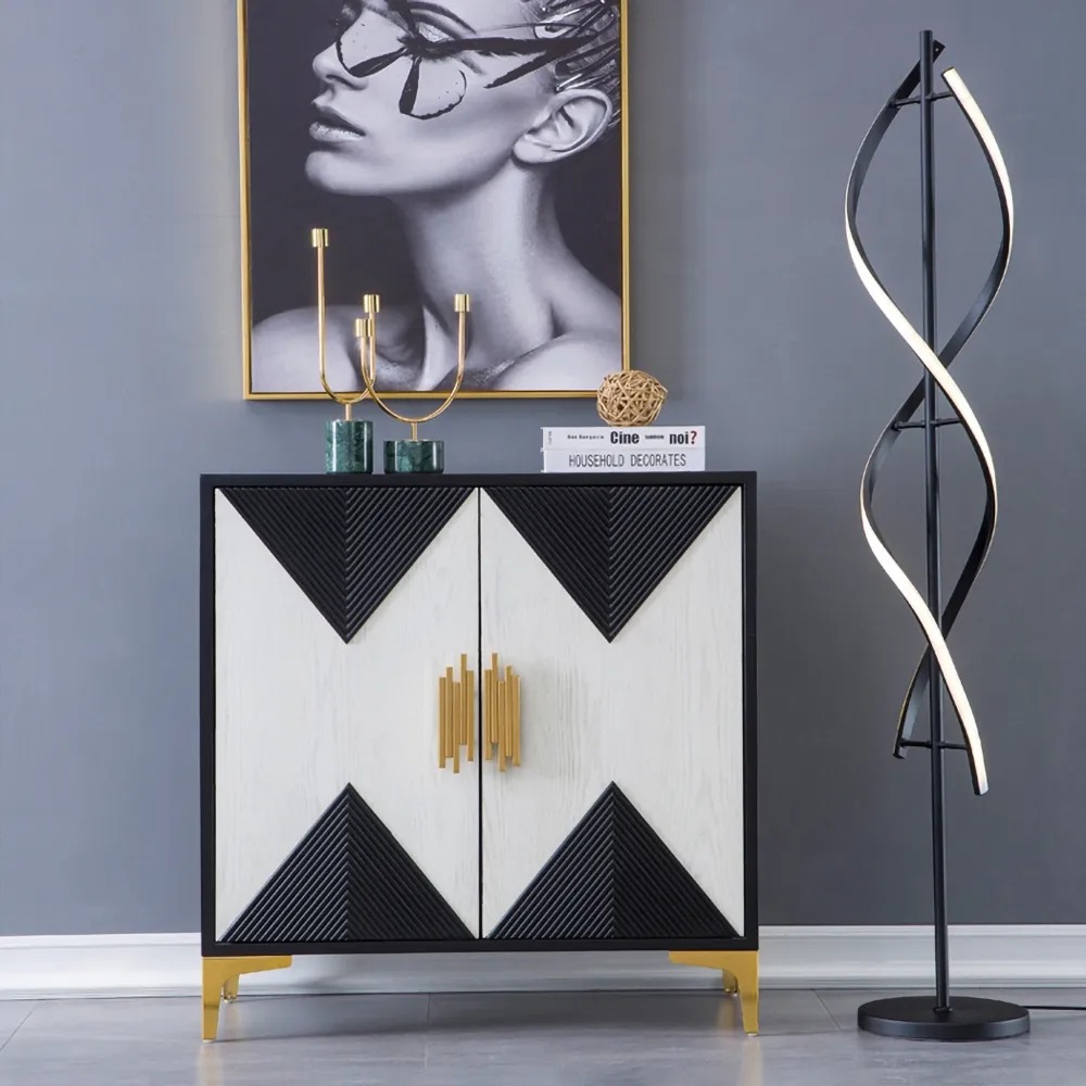 Wovuna Black & White Sideboard Buffet 2 Doors & 3 Shelves Accent Cabinet Gold in Small